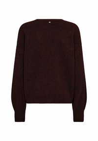 Maglione bordeaux con una forma boxy, polsini a coste e scollatura rotonda. Texture morbida con un sottile motivo di maglia e dettaglio di chiusura sul retro.