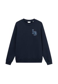 Sötétkék, pamut keverékből készült pulóver, kerek nyakkal, bordás mandzsettákkal és aljjal, bal mellkason hímzett "LD" logóval.