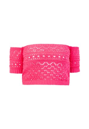 Rózsaszín kötött, vállról lecsúszó felső, nyitott mintával. Bordás peremekkel és strukturált anyaggal rendelkezik, könnyű és légies kialakítást biztosít.