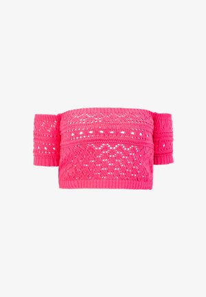 Rózsaszín kötött, vállról lecsúszó felső, nyitott mintával. Bordás peremekkel és strukturált anyaggal rendelkezik, könnyű és légies kialakítást biztosít.