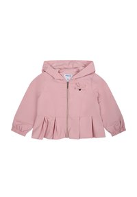 Roze hoodie-jack gemaakt van gladde stof met een ritssluiting, uitlopende peplum zoom en een kleine strikaccent nabij de borst. Lichtgewicht ontwerp.