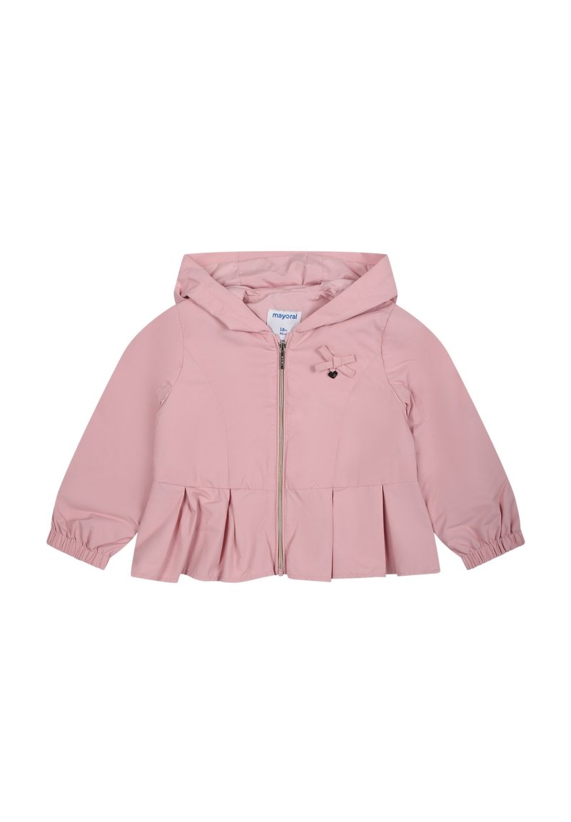 Roze hoodie-jack gemaakt van gladde stof met een ritssluiting, uitlopende peplum zoom en een kleine strikaccent nabij de borst. Lichtgewicht ontwerp.