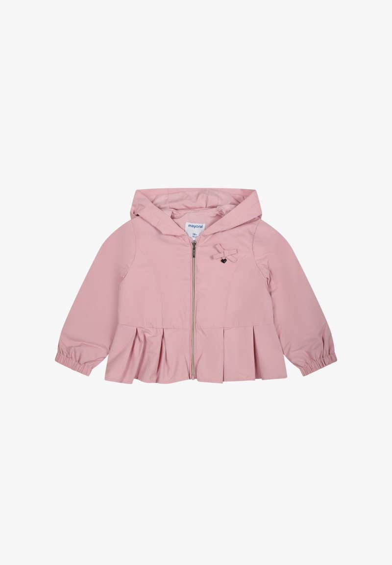 Roze hoodie-jack gemaakt van gladde stof met een ritssluiting, uitlopende peplum zoom en een kleine strikaccent nabij de borst. Lichtgewicht ontwerp.