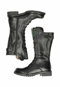 Bottes noires en cuir, arrivant au genou, avec une fermeture éclair à l'avant, un design à lacets, un bout rond et une semelle en caoutchouc texturée. Présentent des accents multicolores à l'intérieur.