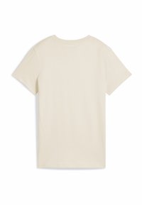 Beige bomulds T-shirt med korte ærmer, rund hals og en glat tekstur. Bagsiden er ensfarvet uden yderligere detaljer eller mønstre.