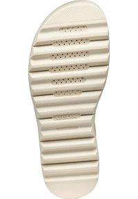 Suela de zapato de goma blanca con surcos texturizados y perforaciones. Presenta la marca Geox, diseñada para la transpirabilidad y la comodidad.