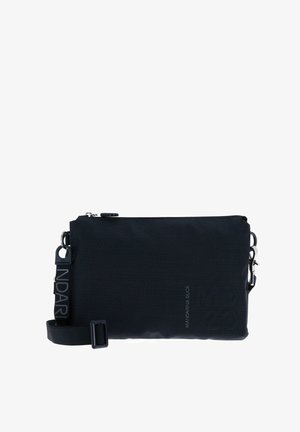 Sac bandoulière rectangulaire noir avec motif subtil à pois, fermeture éclair et bandoulière réglable avec le logo « MANDARINA DUCK ».