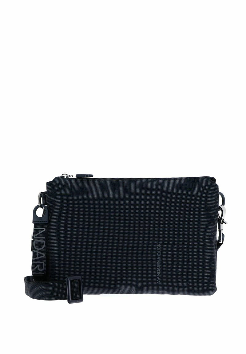 Sac bandoulière rectangulaire noir avec motif subtil à pois, fermeture éclair et bandoulière réglable avec le logo « MANDARINA DUCK ».