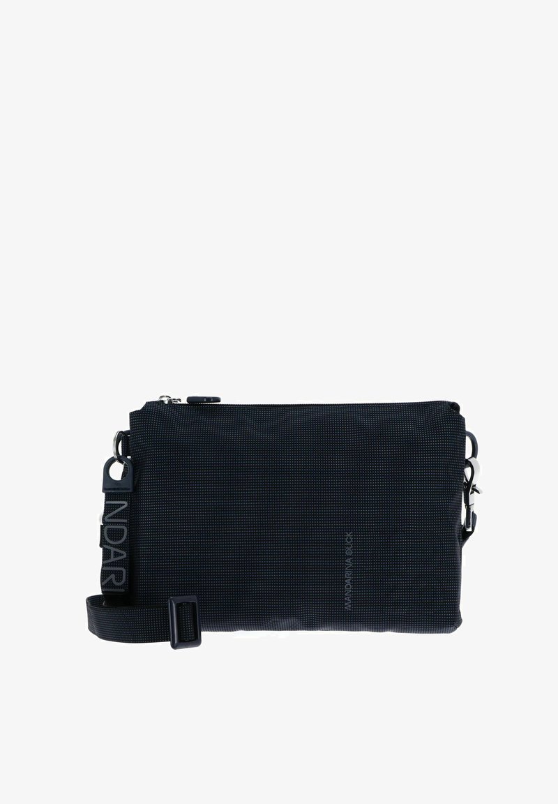 Sac bandoulière rectangulaire noir avec motif subtil à pois, fermeture éclair et bandoulière réglable avec le logo « MANDARINA DUCK ».