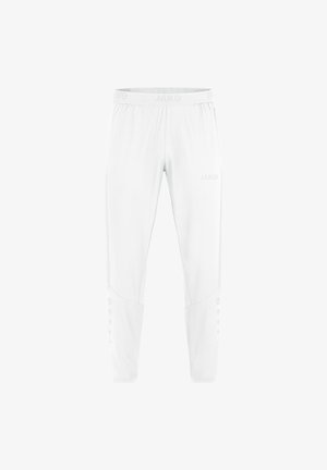 Witte sportbroek van gladde stof. Voorzien van een elastische tailleband en drukknopen langs de zijkanten. Logo gedrukt in lichtgrijs.