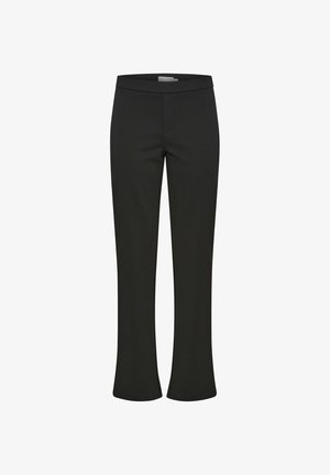 Pantaloni neri elasticizzati con vita aderente e gambe svasate. Tessuto liscio senza motivi visibili o dettagli in metallo.