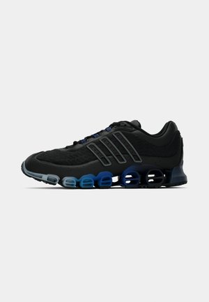 Black athletic sneaker with blue gradient cushioning pods on the sole and three black side stripes against a white background.