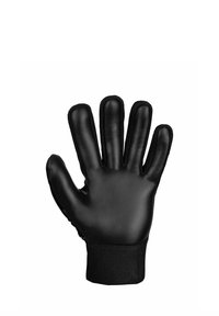 Black leather glove with five fingers and a textured finish, featuring a stretchable black cuff at the wrist for a snug fit.