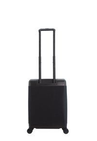 Valigia nera con guscio rigido, manico estensibile e quattro ruote. Presenta una superficie liscia e un design minimalista.