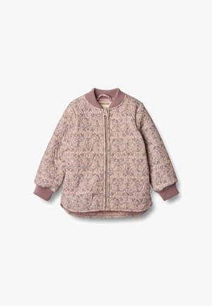 Roza prešita bomber jakna z cvetličnim vzorcem, rebrastim ovratnikom in manšetami, z zadrgo in puhasto teksturo.