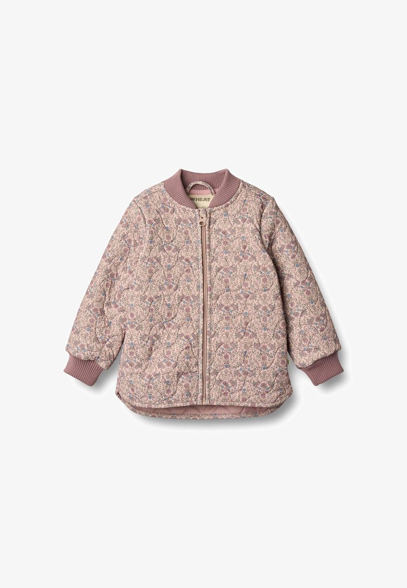 Różowa pikowana kurtka bomberka z kwiatowym wzorem, prążkowanym kołnierzem i mankietami, zamkiem błyskawicznym oraz pluszową fakturą.
