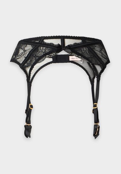 Jarretière en dentelle noire avec bretelles réglables et accessoires dorés, ornée de motifs floraux en dentelle et d’un petit nœud central.