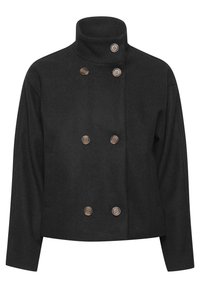 Černá bunda z vlněné směsi s vysokým límcem, dvouřadovým zapínáním a třemi béžovými knoflíky na jedné straně. Měkké, volné rukávy.