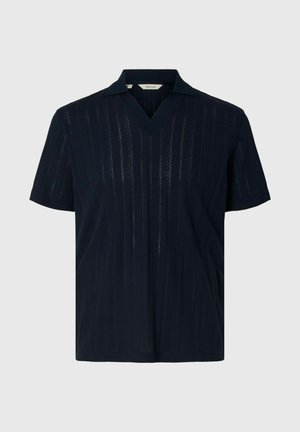 Marineblå kortermet strikket polo med teksturerte vertikale striper og V-hals.