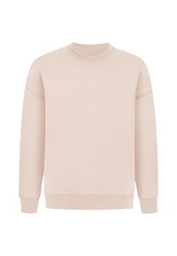 Sweatshirt rose clair en tissu doux, avec un col rond classique, des manches longues et des poignets et un ourlet côtelés. Sans motifs ni accents.