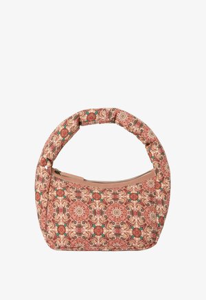 Weiche Stoffhandtasche mit gepolstertem, rundem Griff, versehen mit einem rosa-roten, floralen geometrischen Muster und einem Reißverschluss an der Oberseite.