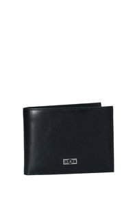 Zwarte leren portemonnee met een gladde textuur, bi-fold ontwerp, met een zilveren logo-accent aan de voorkant en meerdere interne kaartsleuven.