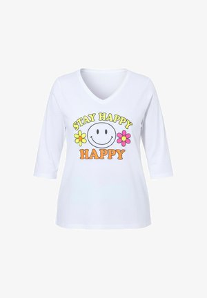 Biała bawełniana koszulka z dekoltem w serek i rękawami do połowy przedramienia, ozdobiona uśmiechniętą buźką oraz kolorowym napisem: "STAY HAPPY" i "HAPPY" w żółtym i pomarańczowym kolorze.