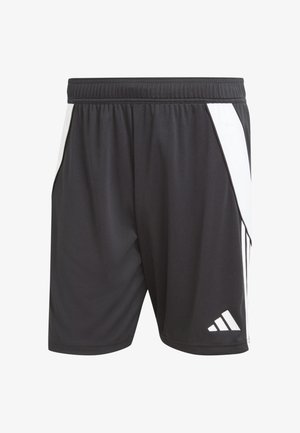 Shorts sportivi neri con pannelli laterali bianchi, vita elasticizzata e tessuto traspirante. Presenta un piccolo logo di marca in basso a destra.