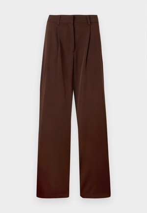 Wide-leg trousers in a rich brown color, made of smooth fabric with a flat front, two creases, and belt loops at the waist.