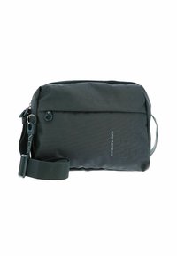 Borsa a tracolla nera in tessuto con superficie testurizzata, tracolla regolabile, compartimento con zip e branding discreto sul davanti.