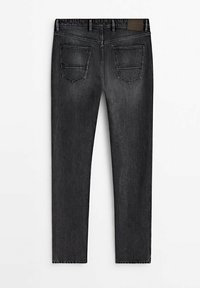 Jean en denim noir avec deux poches arrière et coutures apparentes, posé à plat montrant le côté arrière.