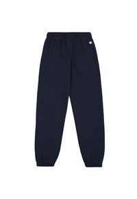 Pantalones de chándal azul marino hechos de una mezcla de algodón; cuentan con cintura y puños elásticos; parche de logo en el muslo izquierdo. Textura suave, diseño casual.