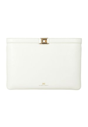 Borsa clutch in pelle bianca con chiusura rettangolare dorata e piccolo logo dorato vicino al centro inferiore, di Elisabetta Franchi.