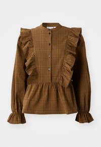 Blusa a quadri marrone con dettagli a volant lungo le spalle e il davanti. Maniche ampie e orlo arricciato creano un aspetto testurizzato e a strati.