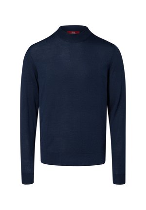 Dunkelblauer Langarmpullover mit einem gerippten Stehkragen, Bündchen und Saum, vor einem schlichten weißen Hintergrund gezeigt.