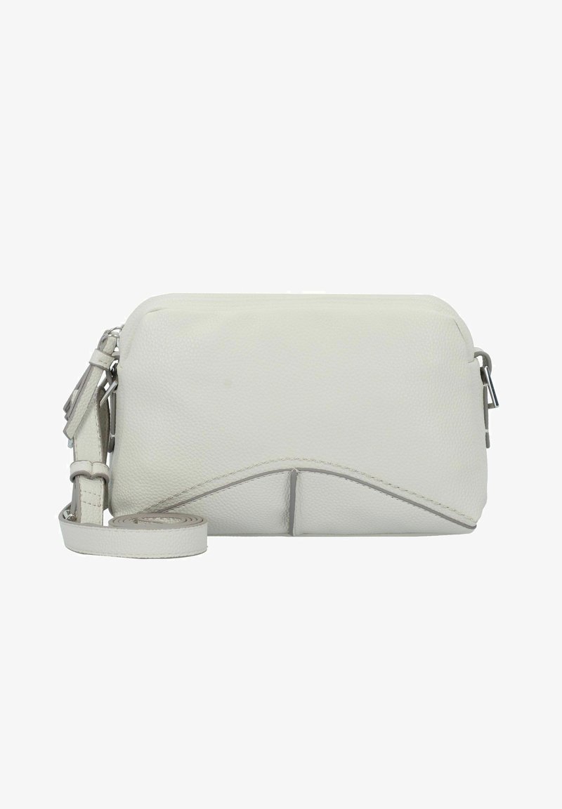 Sac à bandoulière en cuir texturé blanc avec une forme semi-ovale, fermeture à zip et une bandoulière réglable. Présente un détail de couture décoratif.