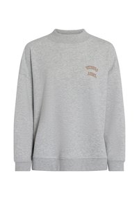 Gray sweatshirt with a high neck, loose fit, and long sleeves. Features a small brown embroidered logo on the upper left. Cotton blend material.