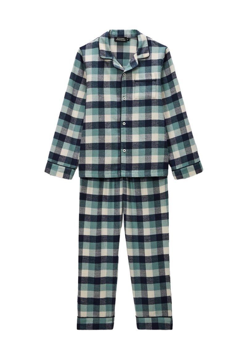 Pyjamas en coton avec un motif à carreaux bleu marine, sarcelle et crème. Comprend un haut à boutons avec poche et un pantalon élastique assorti.
