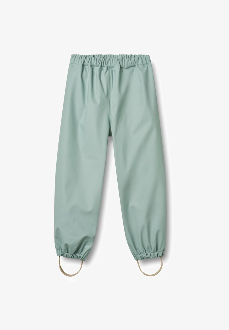 Svijetlozelene, vodootporne hlače s elastičnim pojasom i zategnutim gležnjevima. Imaju petlji na dnu za dodatnu funkcionalnost.