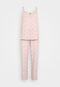 Ljust rosa pyjamas set med blommönster. Innehåller en ärmlös topp och långa byxor, tillverkade av mjuk tyg med avslappnad passform.