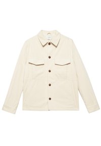 Beige corduroy jack met een kraag, bruine knopen, twee borstzakken en een rechte pasvorm. Kenmerkt zich door een ribbelstructuur en lange mouwen.