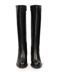 Black leather knee-high boots with a smooth texture, rounded toe, and side zipper detail for easy wear. Sturdy sole and sleek design.