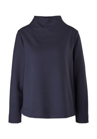 Chemise bleu marine à manches longues avec col montant, ourlet droit et design simple sur fond blanc.
