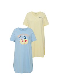 Kaksi lyhythihaista yöpaitaa: yksi sininen persikkakuviolla ja tekstillä, toinen keltainen napitusyksityiskohdalla ja värikkäällä tekstillä.