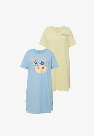 Kaksi lyhythihaista yöpaitaa: yksi sininen persikkakuviolla ja tekstillä, toinen keltainen napitusyksityiskohdalla ja värikkäällä tekstillä.