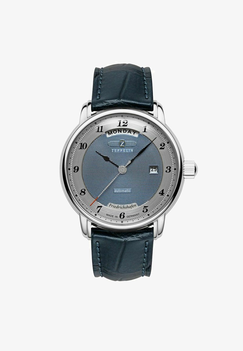 Silberne Metall-Uhr mit einem strukturierten blauen Ziffernblatt, Datumsanzeige, schwarzen Stundenmarkierungen und einem blauen Lederarmband im Denim-Stil. Automatikwerk.