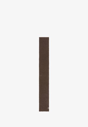 Dark brown rectangular textile runner with a soft, felted texture, featuring a subtle sheen and a white label at one end.