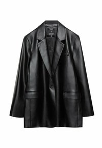 Zwarte nepleer blazer met notch revere, enkele knoopsluiting, twee voorste klepzakken en één borstzak met bies.