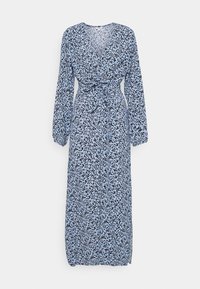 Maxi šaty s překládaným designem v světle modré barvě, s černým listovým vzorem, dlouhými nafouknutými rukávy a detailem stahování v pase. Měkká textura látky.