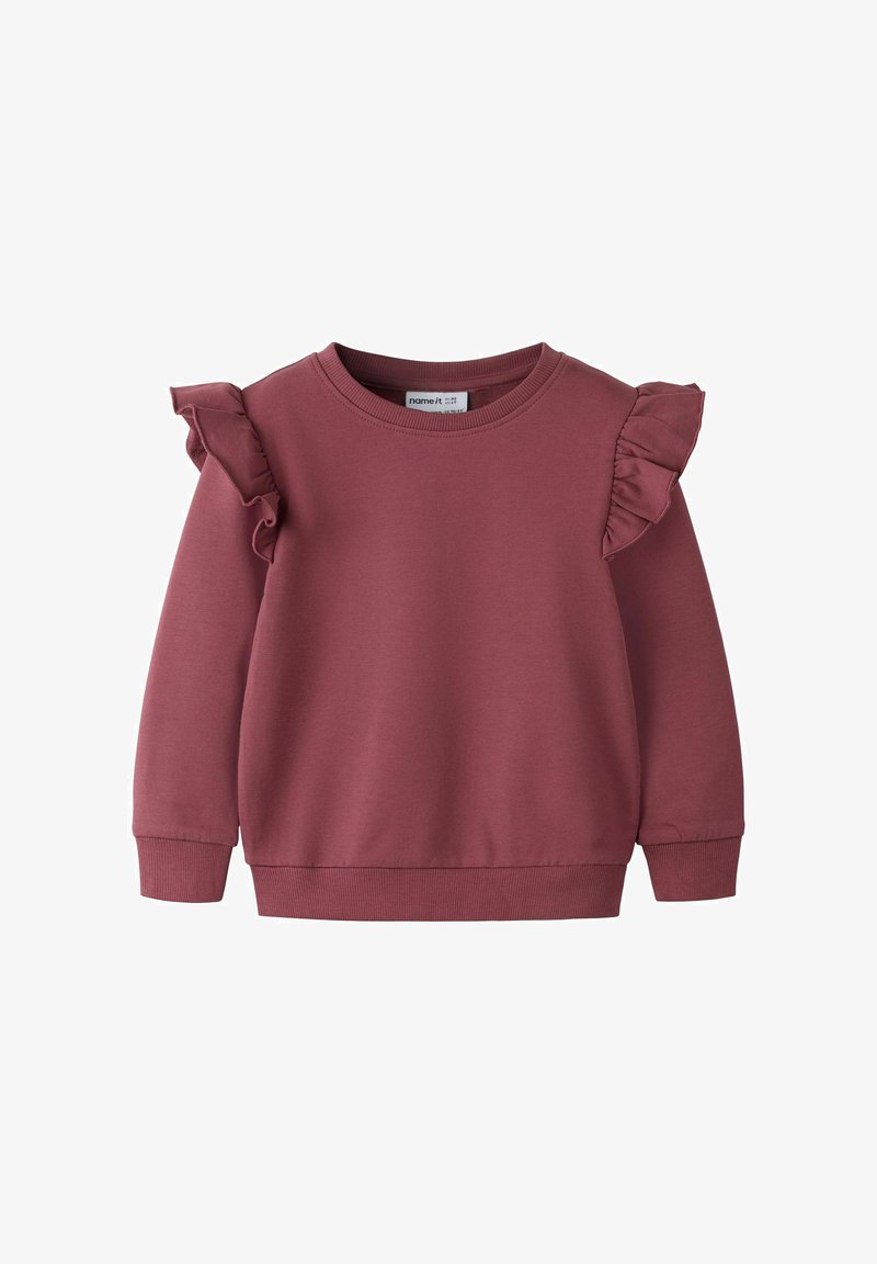 Pull pour tout-petit à manches longues couleur vieux rose avec détails à volants aux épaules et poignets et ourlet côtelés.